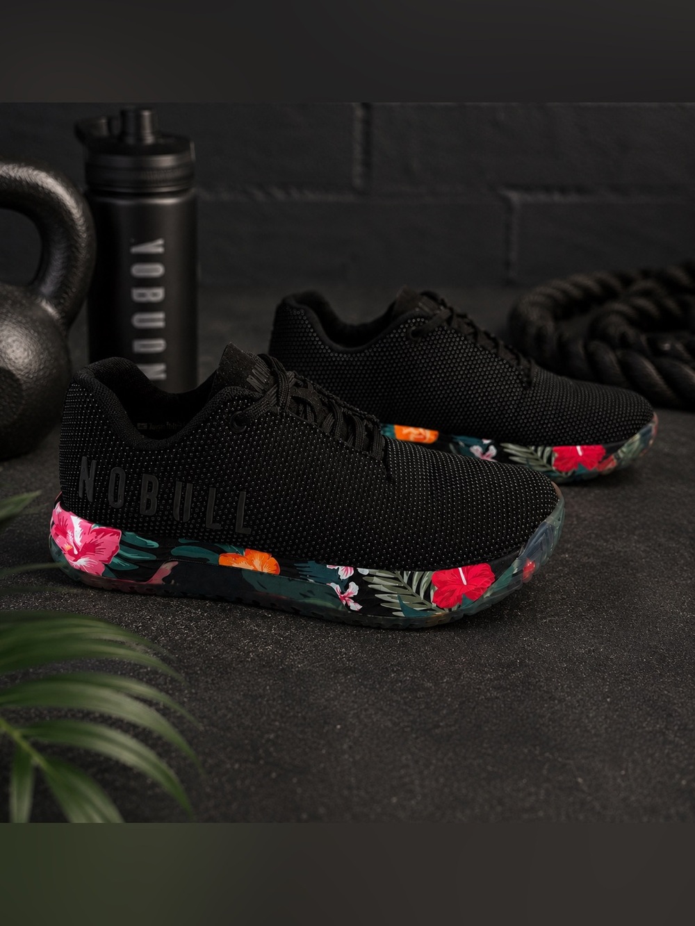 NOBULL Women’s Black Knit Trainer with Floral-Print Sole